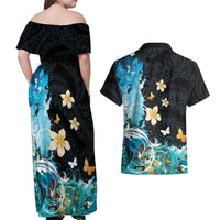 Blue Grunge Polynesian Pattern Couples Matching Off Shoulder Maxi Dress and Hawaiian Shirt Plumeria Floral LT01 - Polynesian Pride