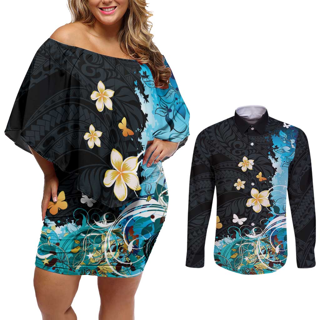 Blue Grunge Polynesian Pattern Couples Matching Off Shoulder Short Dress and Long Sleeve Button Shirt Plumeria Floral LT01 Blue - Polynesian Pride