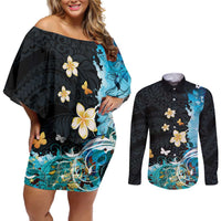 Blue Grunge Polynesian Pattern Couples Matching Off Shoulder Short Dress and Long Sleeve Button Shirt Plumeria Floral LT01 Blue - Polynesian Pride