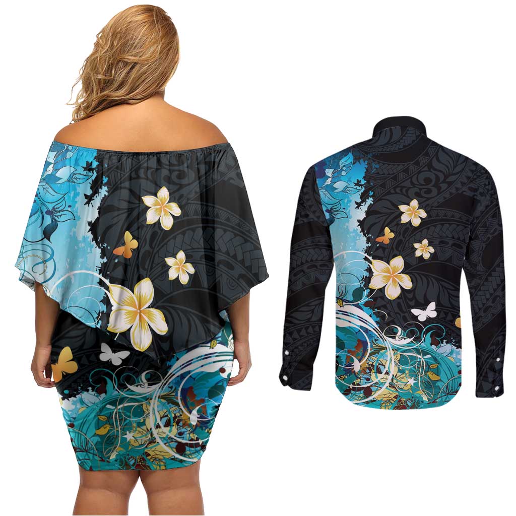 Blue Grunge Polynesian Pattern Couples Matching Off Shoulder Short Dress and Long Sleeve Button Shirt Plumeria Floral LT01 - Polynesian Pride