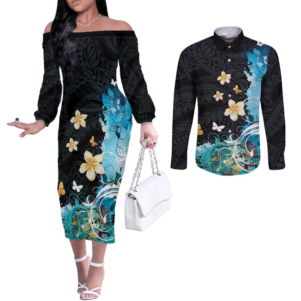Blue Grunge Polynesian Pattern Couples Matching Off The Shoulder Long Sleeve Dress and Long Sleeve Button Shirt Plumeria Floral LT01 Blue - Polynesian Pride