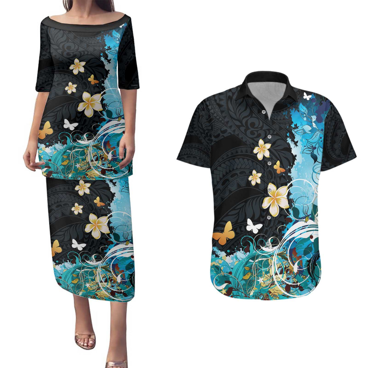 Blue Grunge Polynesian Pattern Couples Matching Puletasi and Hawaiian Shirt Plumeria Floral LT01 Blue - Polynesian Pride