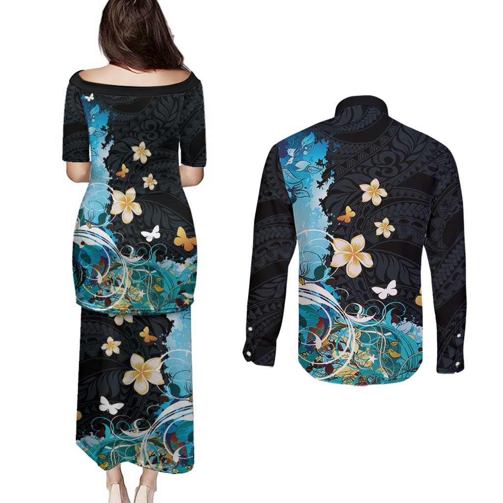 Blue Grunge Polynesian Pattern Couples Matching Puletasi and Long Sleeve Button Shirt Plumeria Floral LT01 - Polynesian Pride
