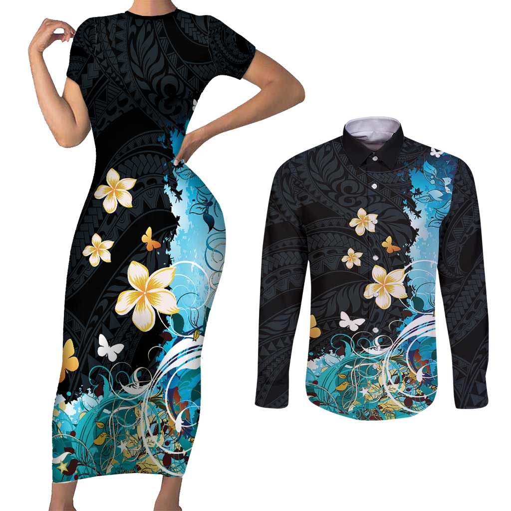 Blue Grunge Polynesian Pattern Couples Matching Short Sleeve Bodycon Dress and Long Sleeve Button Shirt Plumeria Floral LT01 Blue - Polynesian Pride
