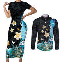 Blue Grunge Polynesian Pattern Couples Matching Short Sleeve Bodycon Dress and Long Sleeve Button Shirt Plumeria Floral LT01 Blue - Polynesian Pride