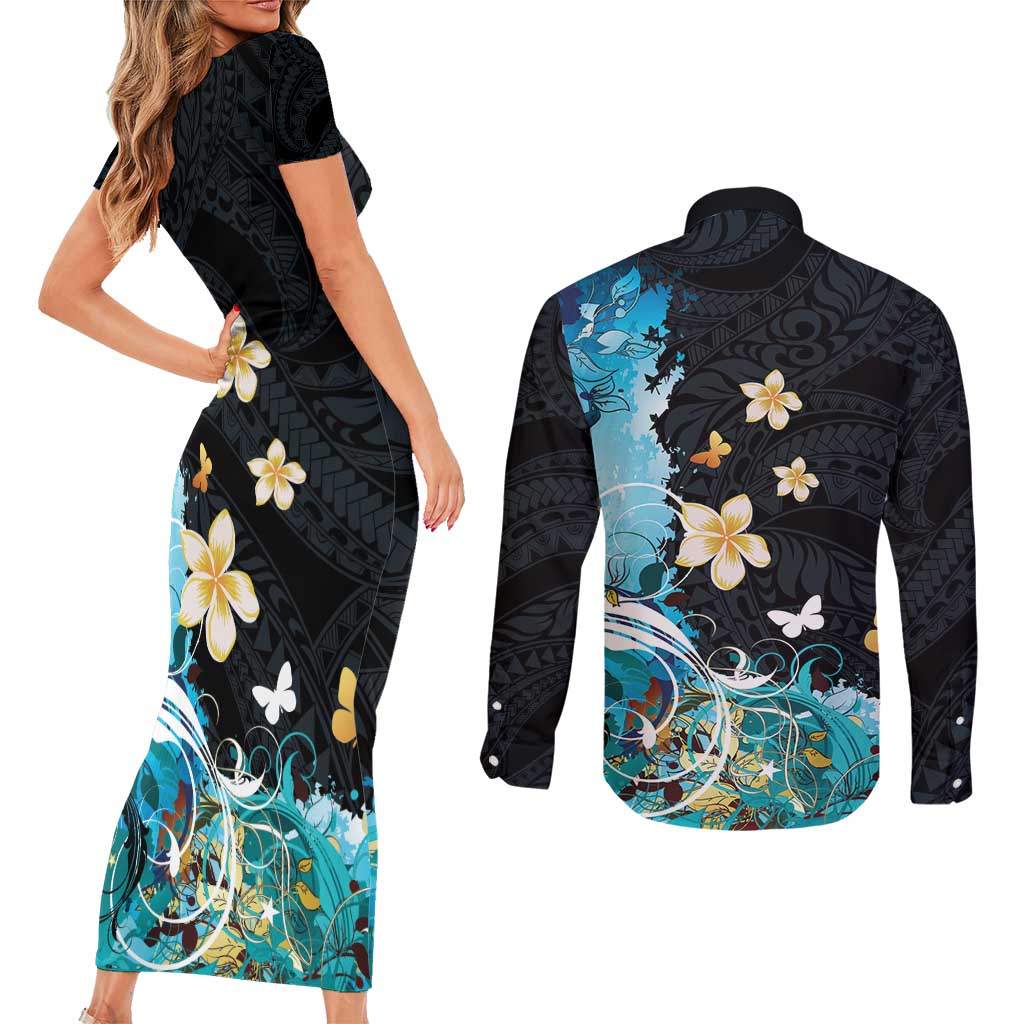 Blue Grunge Polynesian Pattern Couples Matching Short Sleeve Bodycon Dress and Long Sleeve Button Shirt Plumeria Floral LT01 - Polynesian Pride