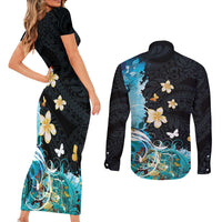 Blue Grunge Polynesian Pattern Couples Matching Short Sleeve Bodycon Dress and Long Sleeve Button Shirt Plumeria Floral LT01 - Polynesian Pride