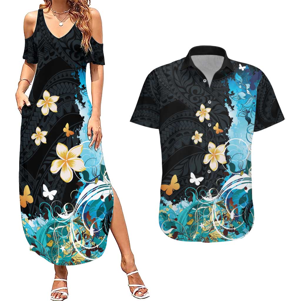 Blue Grunge Polynesian Pattern Couples Matching Summer Maxi Dress and Hawaiian Shirt Plumeria Floral LT01 Blue - Polynesian Pride