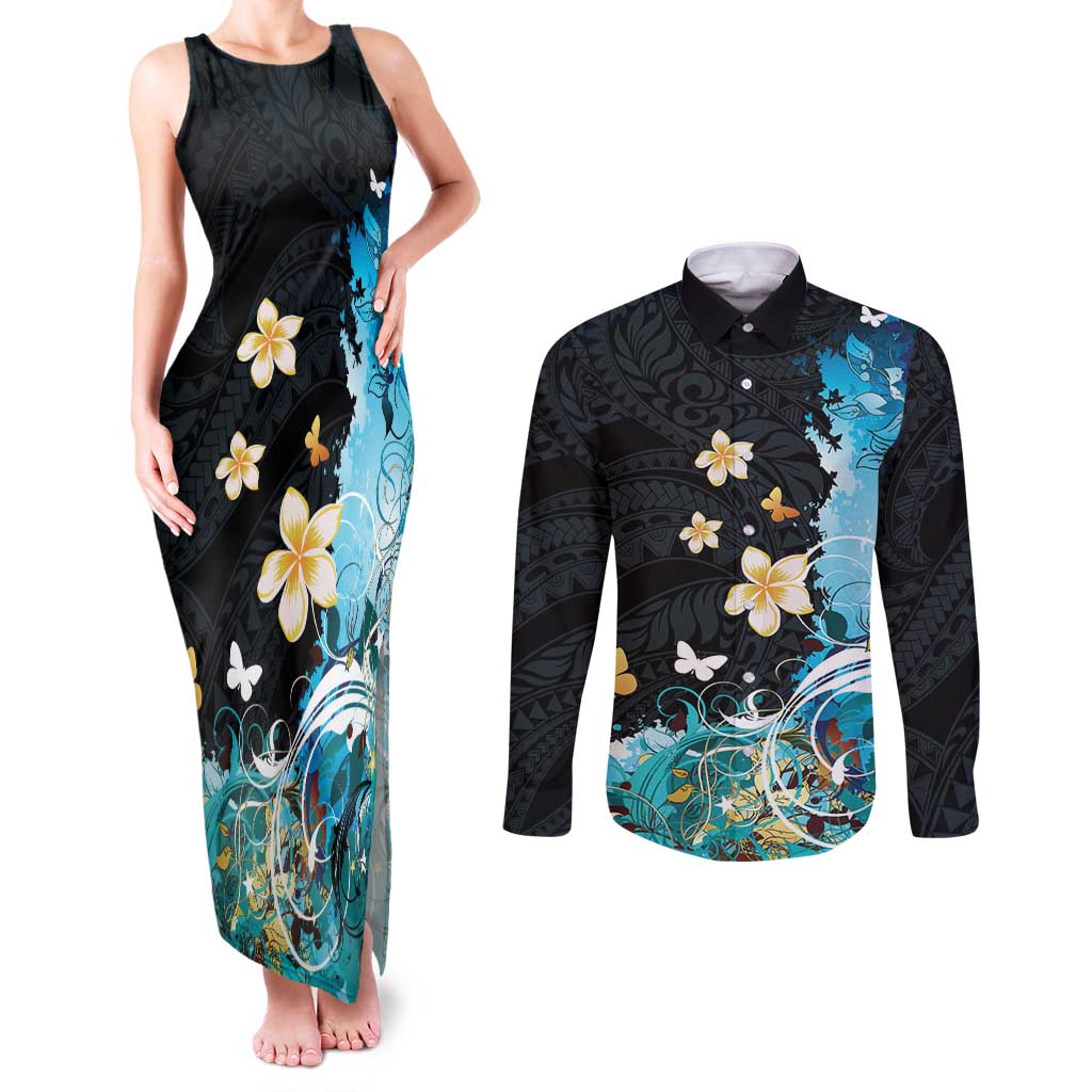 Blue Grunge Polynesian Pattern Couples Matching Tank Maxi Dress and Long Sleeve Button Shirt Plumeria Floral