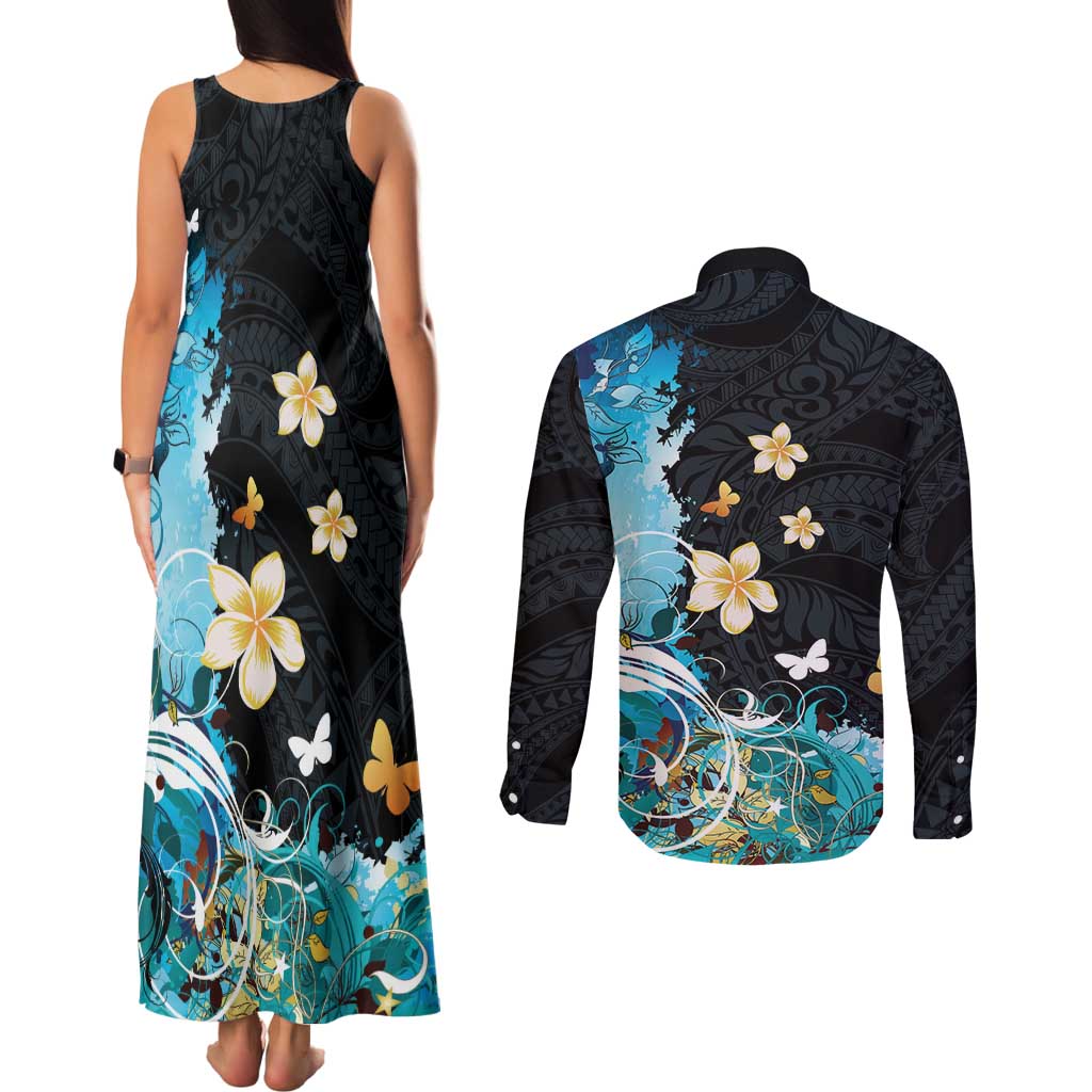 Blue Grunge Polynesian Pattern Couples Matching Tank Maxi Dress and Long Sleeve Button Shirt Plumeria Floral