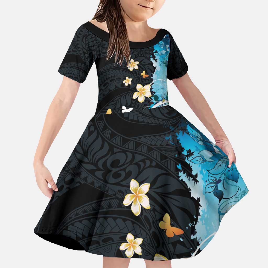 Blue Grunge Polynesian Pattern Family Matching Long Sleeve Bodycon Dress and Hawaiian Shirt Plumeria Floral