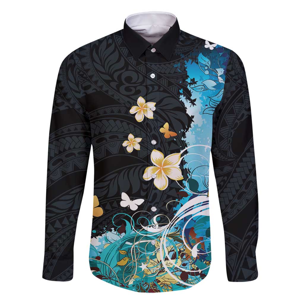 Blue Grunge Polynesian Pattern Family Matching Long Sleeve Bodycon Dress and Hawaiian Shirt Plumeria Floral