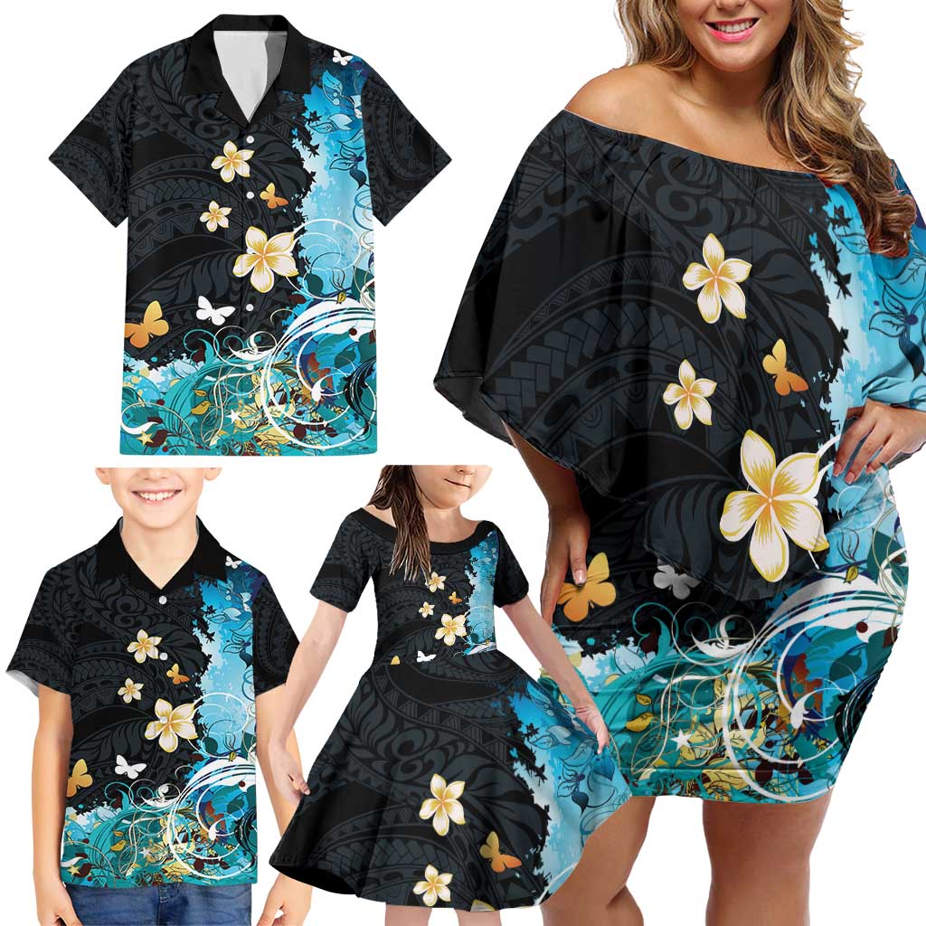 Blue Grunge Polynesian Pattern Family Matching Off Shoulder Short Dress and Hawaiian Shirt Plumeria Floral LT01 - Polynesian Pride
