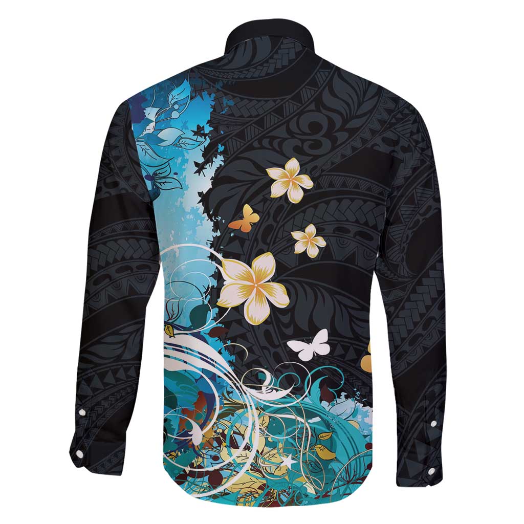 Blue Grunge Polynesian Pattern Family Matching Short Sleeve Bodycon Dress and Hawaiian Shirt Plumeria Floral