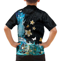 Blue Grunge Polynesian Pattern Family Matching Summer Maxi Dress and Hawaiian Shirt Plumeria Floral