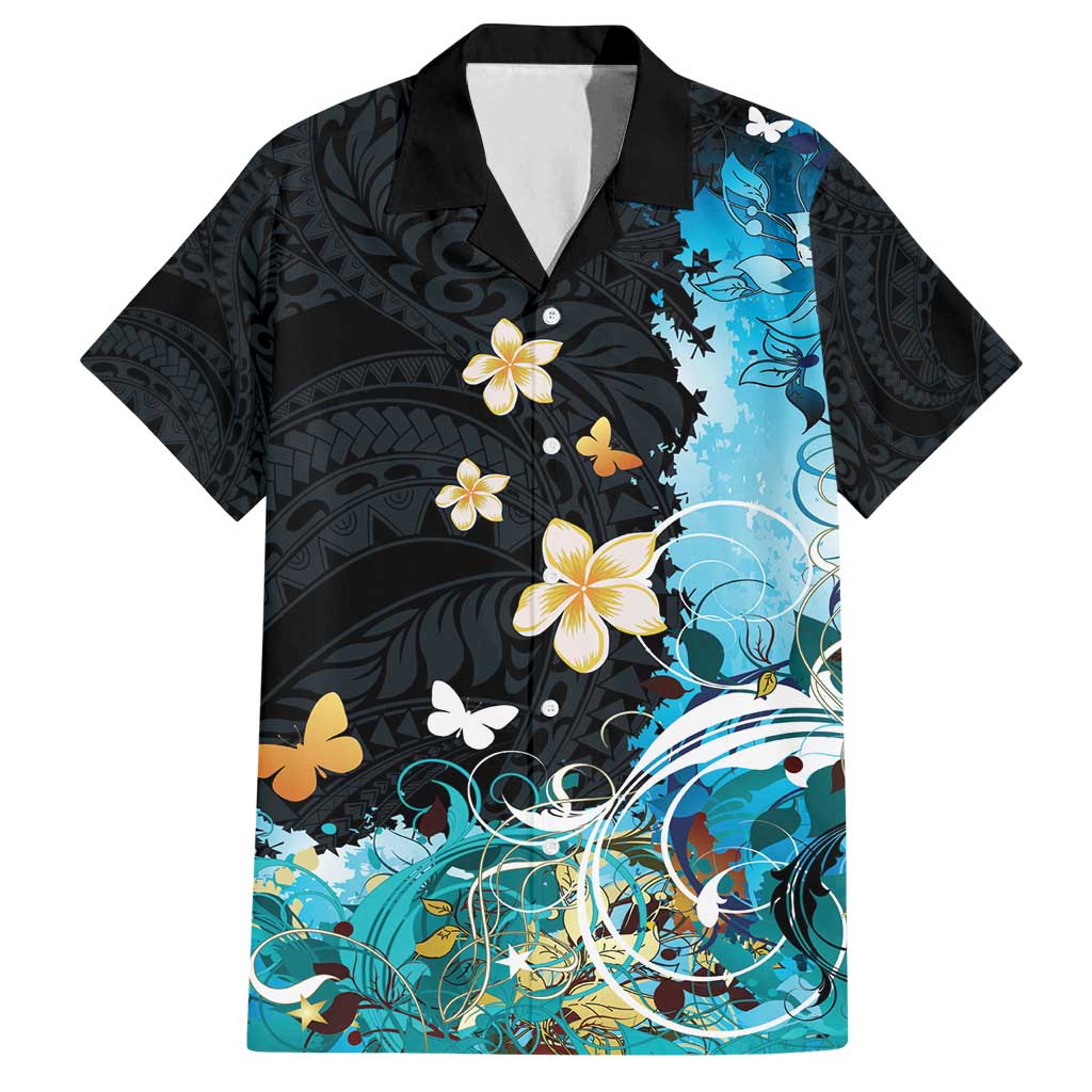 Blue Grunge Polynesian Pattern Family Matching Summer Maxi Dress and Hawaiian Shirt Plumeria Floral