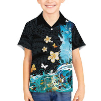 Blue Grunge Polynesian Pattern Family Matching Tank Maxi Dress and Hawaiian Shirt Plumeria Floral