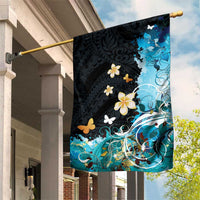 Blue Grunge Polynesian Pattern Garden Flag Plumeria Floral