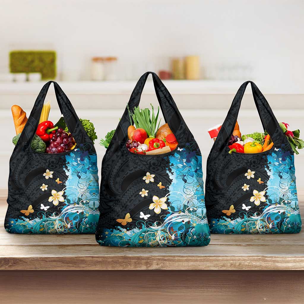 Blue Grunge Polynesian Pattern Grocery Bag Plumeria Floral LT01 3-pack One Size Blue - Polynesian Pride