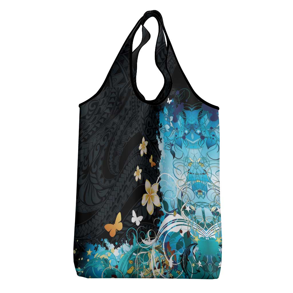 Blue Grunge Polynesian Pattern Grocery Bag Plumeria Floral LT01 - Polynesian Pride