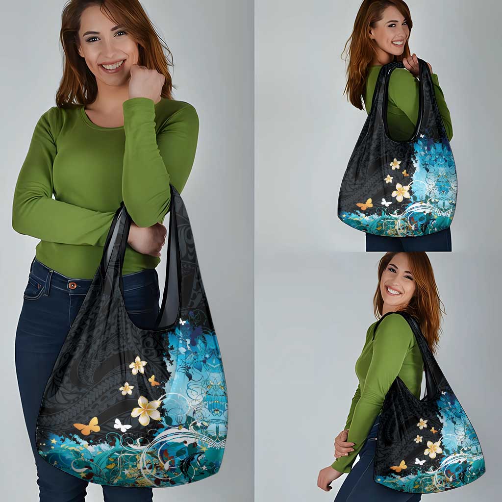 Blue Grunge Polynesian Pattern Grocery Bag Plumeria Floral LT01 - Polynesian Pride