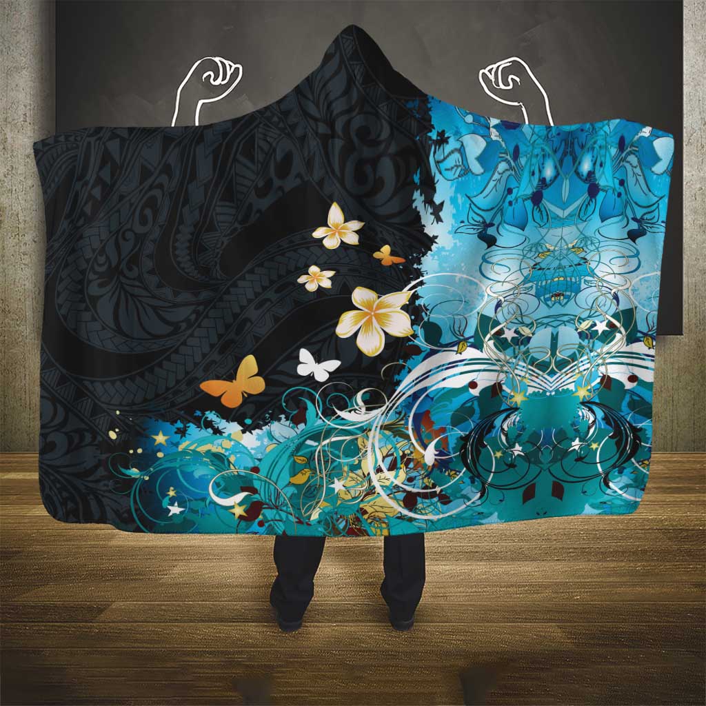 Blue Grunge Polynesian Pattern Hooded Blanket Plumeria Floral LT01 - Polynesian Pride