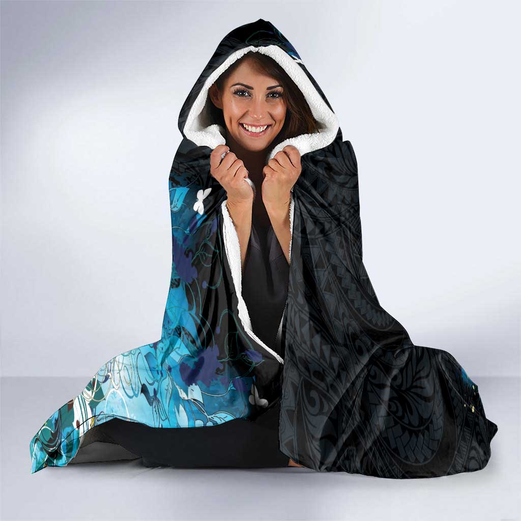 Blue Grunge Polynesian Pattern Hooded Blanket Plumeria Floral LT01 - Polynesian Pride