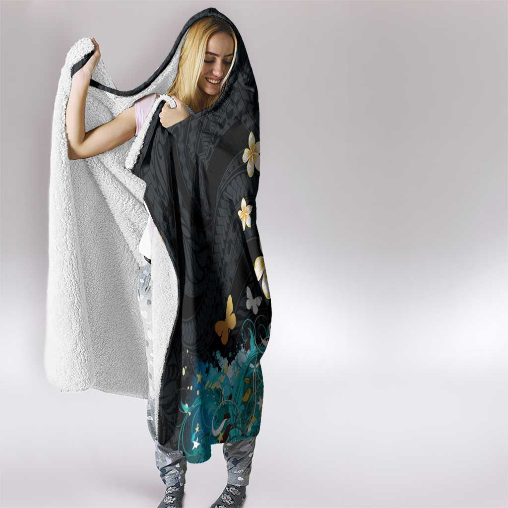 Blue Grunge Polynesian Pattern Hooded Blanket Plumeria Floral LT01 - Polynesian Pride