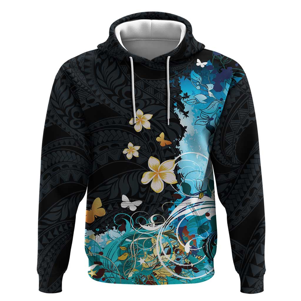 Blue Grunge Polynesian Pattern Hoodie Plumeria Floral