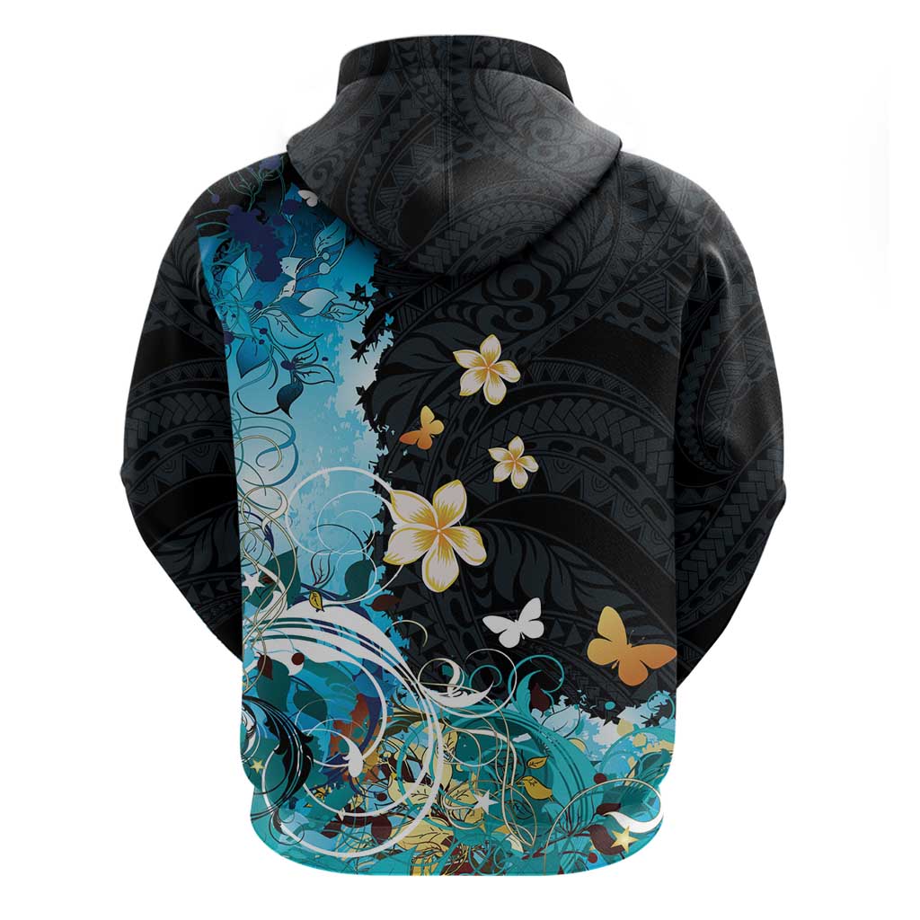 Blue Grunge Polynesian Pattern Hoodie Plumeria Floral