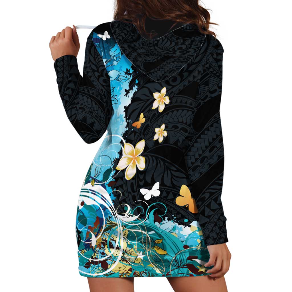 Blue Grunge Polynesian Pattern Hoodie Dress Plumeria Floral
