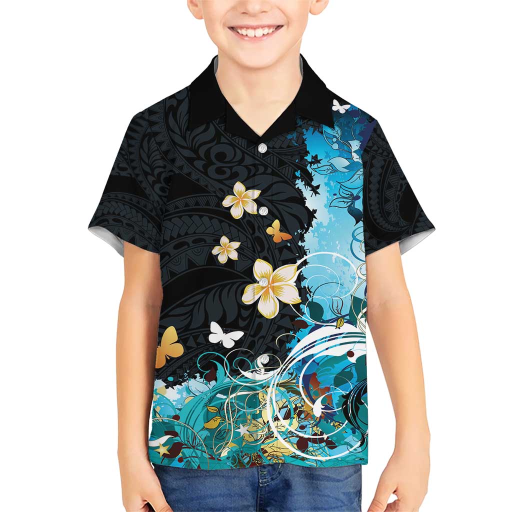 Blue Grunge Polynesian Pattern Kid Hawaiian Shirt Plumeria Floral LT01 Kid Blue - Polynesian Pride