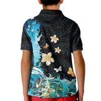 Blue Grunge Polynesian Pattern Kid Polo Shirt Plumeria Floral