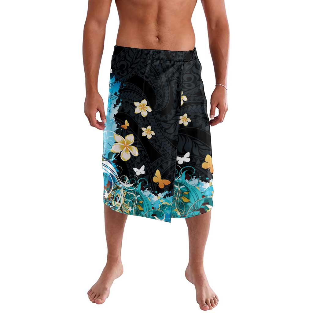 Blue Grunge Polynesian Pattern Lavalava Plumeria Floral