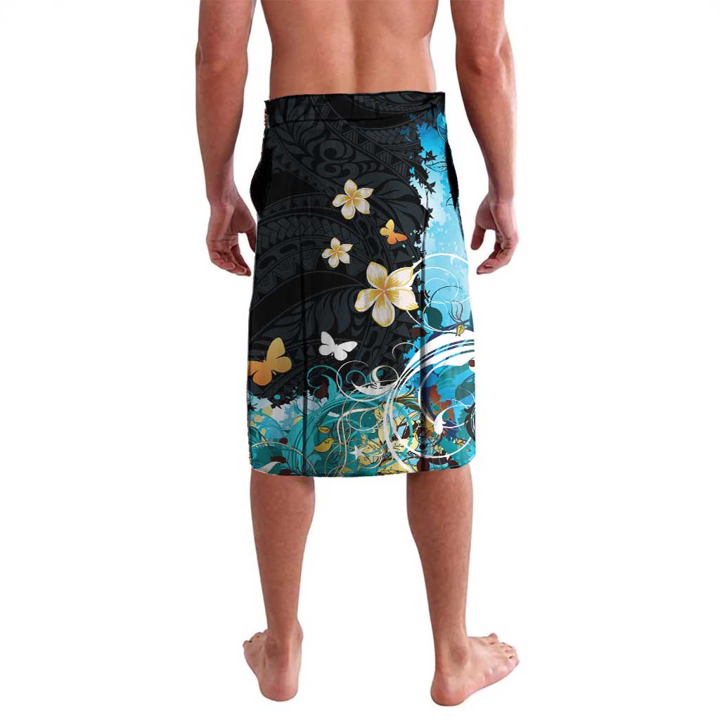 Blue Grunge Polynesian Pattern Lavalava Plumeria Floral