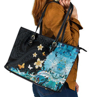 Blue Grunge Polynesian Pattern Leather Tote Bag Plumeria Floral