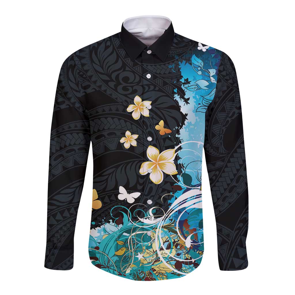 Blue Grunge Polynesian Pattern Long Sleeve Button Shirt Plumeria Floral LT01 Unisex Blue - Polynesian Pride