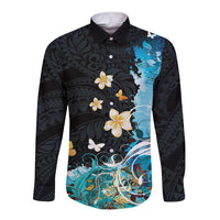 Blue Grunge Polynesian Pattern Long Sleeve Button Shirt Plumeria Floral LT01 Unisex Blue - Polynesian Pride