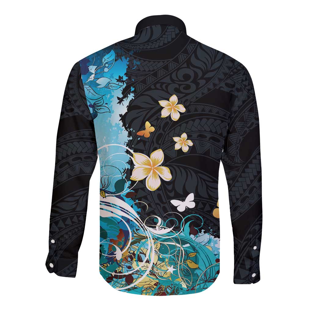 Blue Grunge Polynesian Pattern Long Sleeve Button Shirt Plumeria Floral LT01 - Polynesian Pride