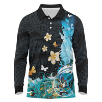 Blue Grunge Polynesian Pattern Long Sleeve Polo Shirt Plumeria Floral