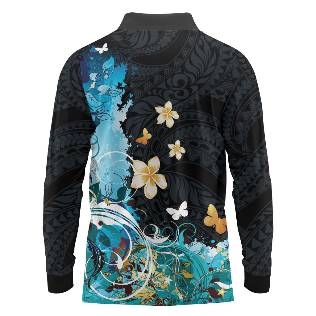 Blue Grunge Polynesian Pattern Long Sleeve Polo Shirt Plumeria Floral
