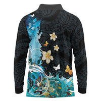 Blue Grunge Polynesian Pattern Long Sleeve Polo Shirt Plumeria Floral