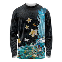 Blue Grunge Polynesian Pattern Long Sleeve Shirt Plumeria Floral LT01 Unisex Blue - Polynesian Pride