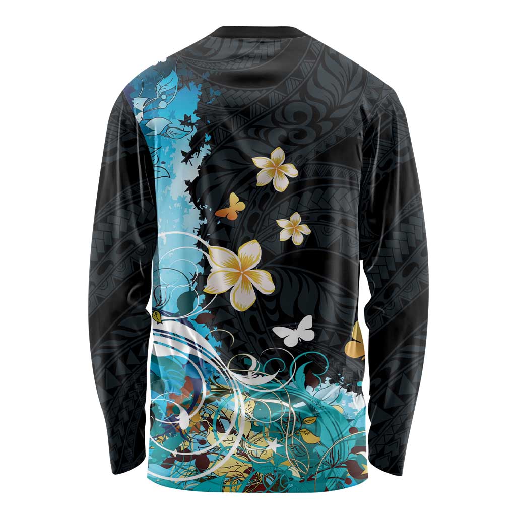 Blue Grunge Polynesian Pattern Long Sleeve Shirt Plumeria Floral LT01 - Polynesian Pride