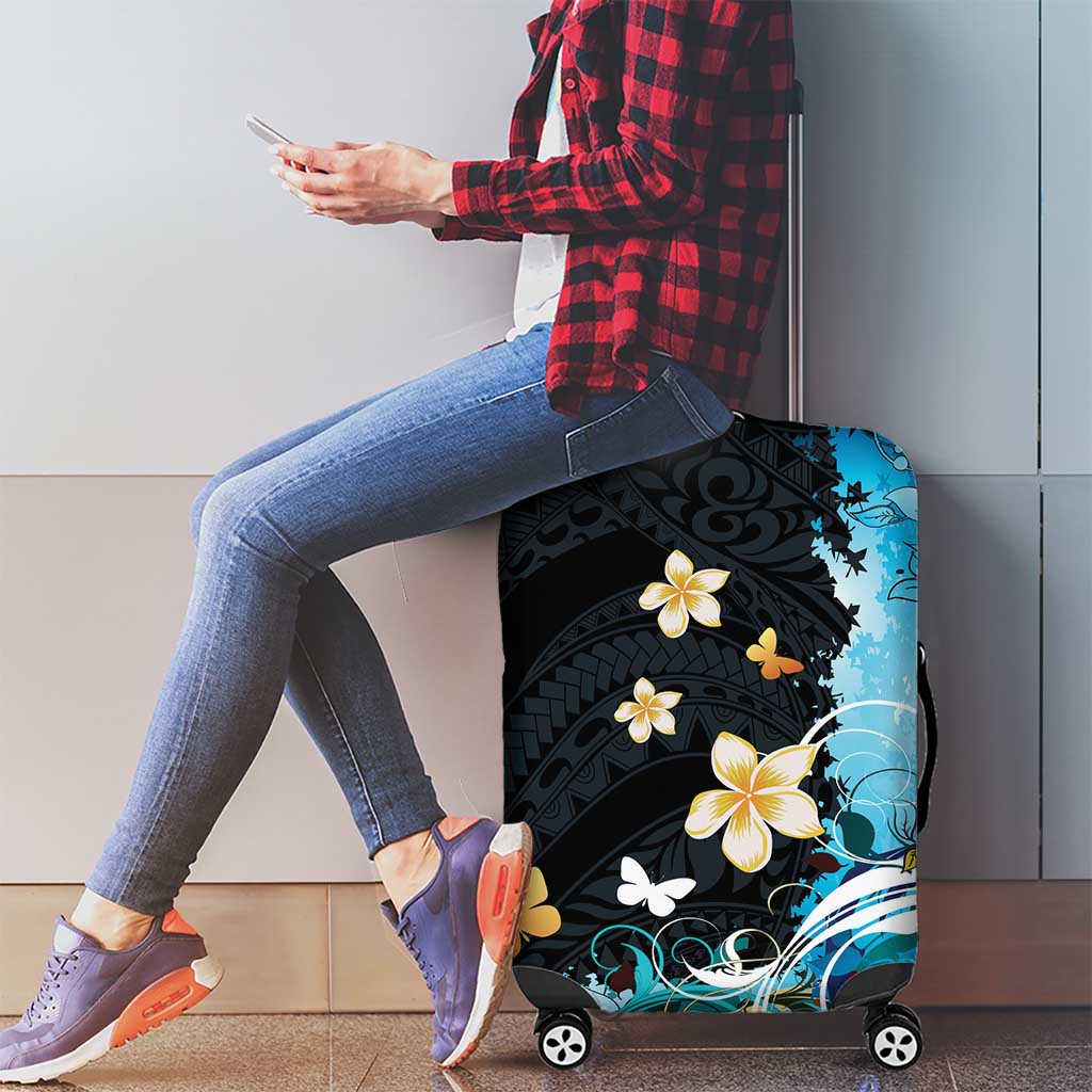 Blue Grunge Polynesian Pattern Luggage Cover Plumeria Floral