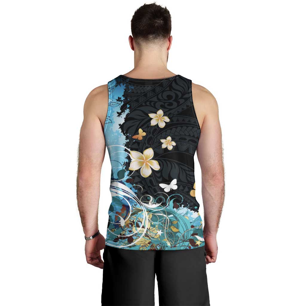 Blue Grunge Polynesian Pattern Men Tank Top Plumeria Floral LT01 - Polynesian Pride