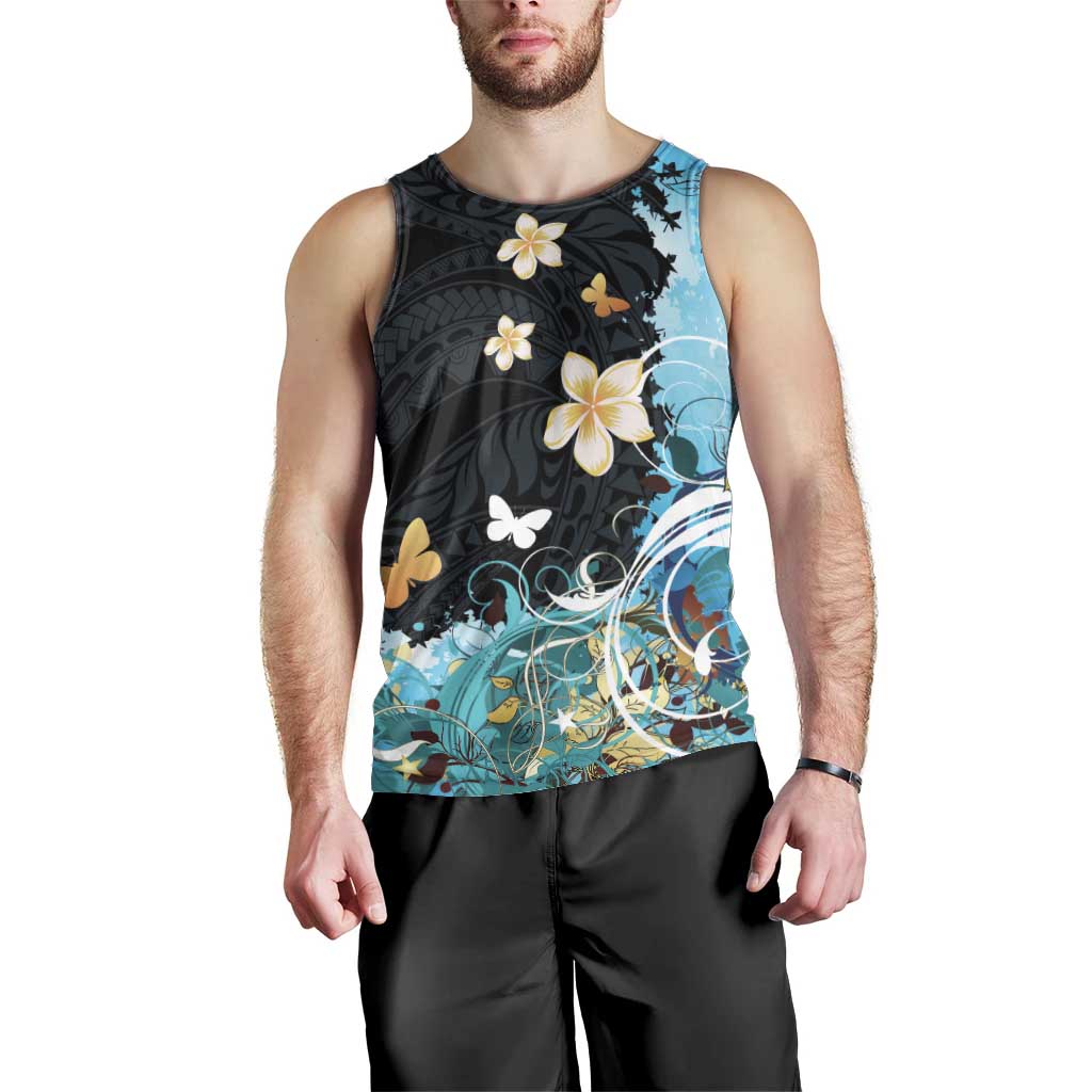 Blue Grunge Polynesian Pattern Men Tank Top Plumeria Floral LT01 - Polynesian Pride