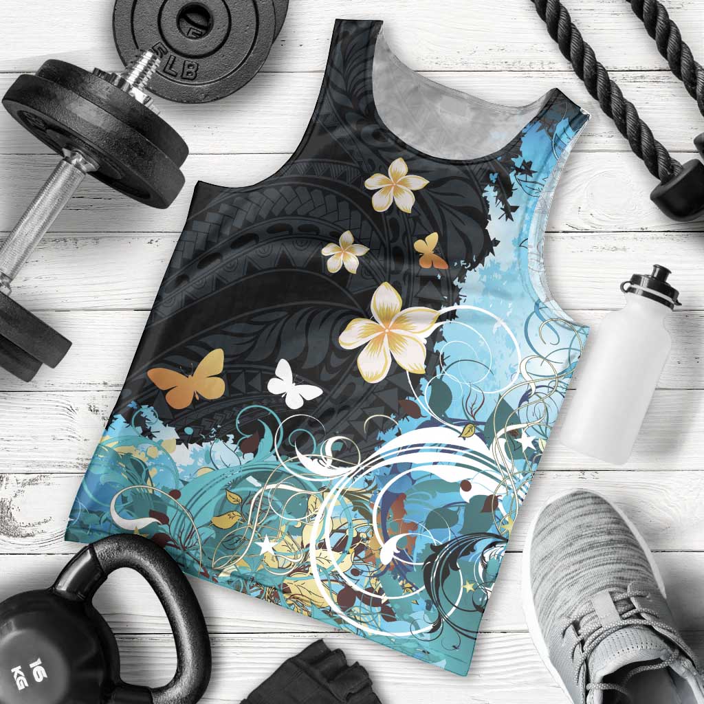 Blue Grunge Polynesian Pattern Men Tank Top Plumeria Floral LT01 - Polynesian Pride