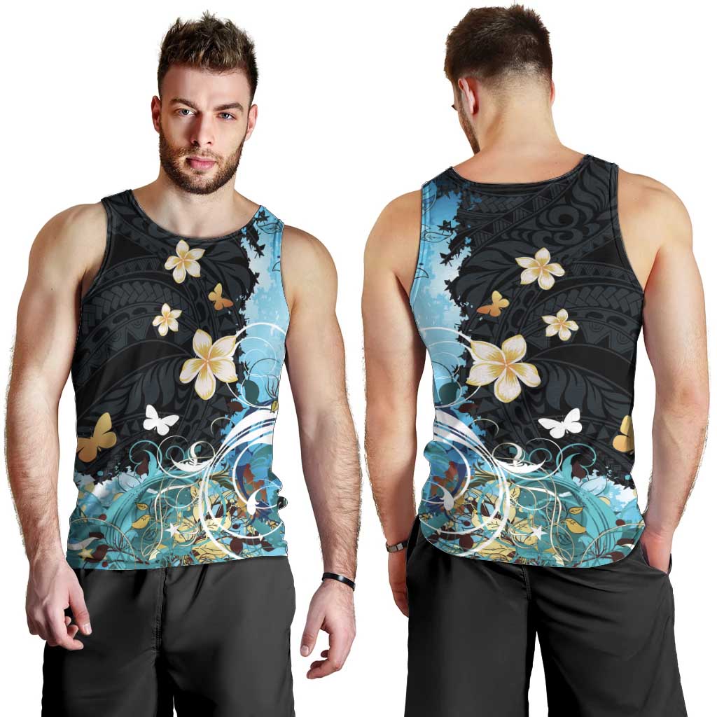Blue Grunge Polynesian Pattern Men Tank Top Plumeria Floral LT01 - Polynesian Pride