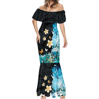 Blue Grunge Polynesian Pattern Mermaid Dress Plumeria Floral